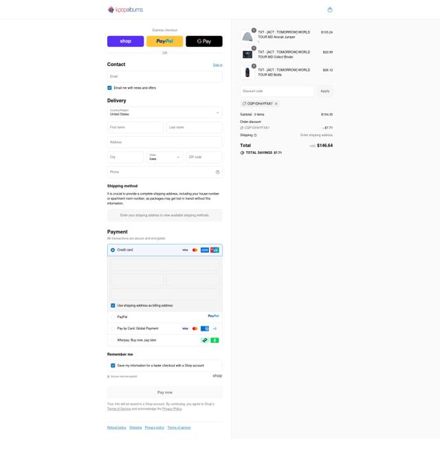 Kpopalbums.com checkout page showing Kpopalbums.com discount code box | Screenshot taken by SimplyCodes community member on Sep 12, 2025