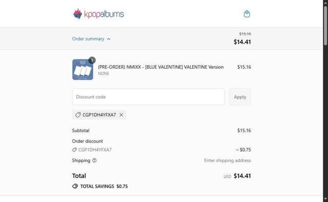 Kpopalbums.com checkout page showing Kpopalbums.com discount code box | Screenshot taken by SimplyCodes community member on Sep 16, 2025