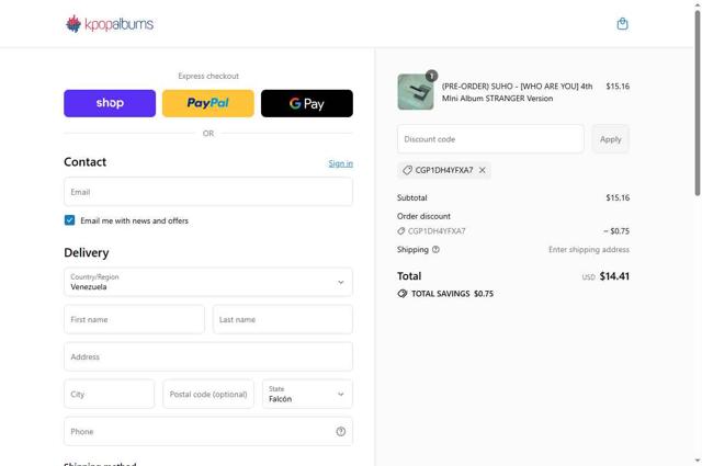 Kpopalbums.com checkout page showing Kpopalbums.com discount code box | Screenshot taken by SimplyCodes community member on Sep 9, 2025