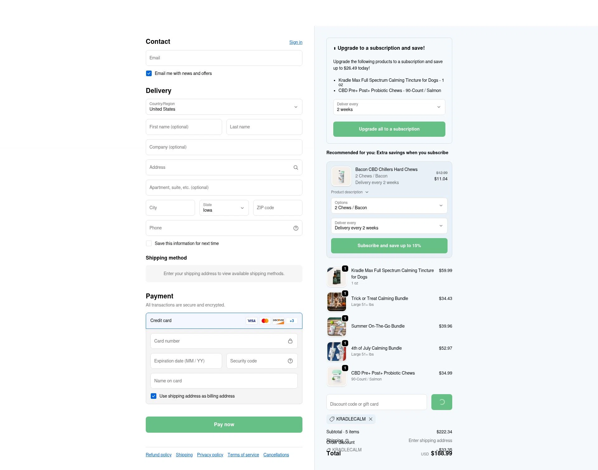 Kradle My Pet checkout page showing Kradle My Pet promo code box | Screenshot taken by SimplyCodes community member on Feb 9, 2026