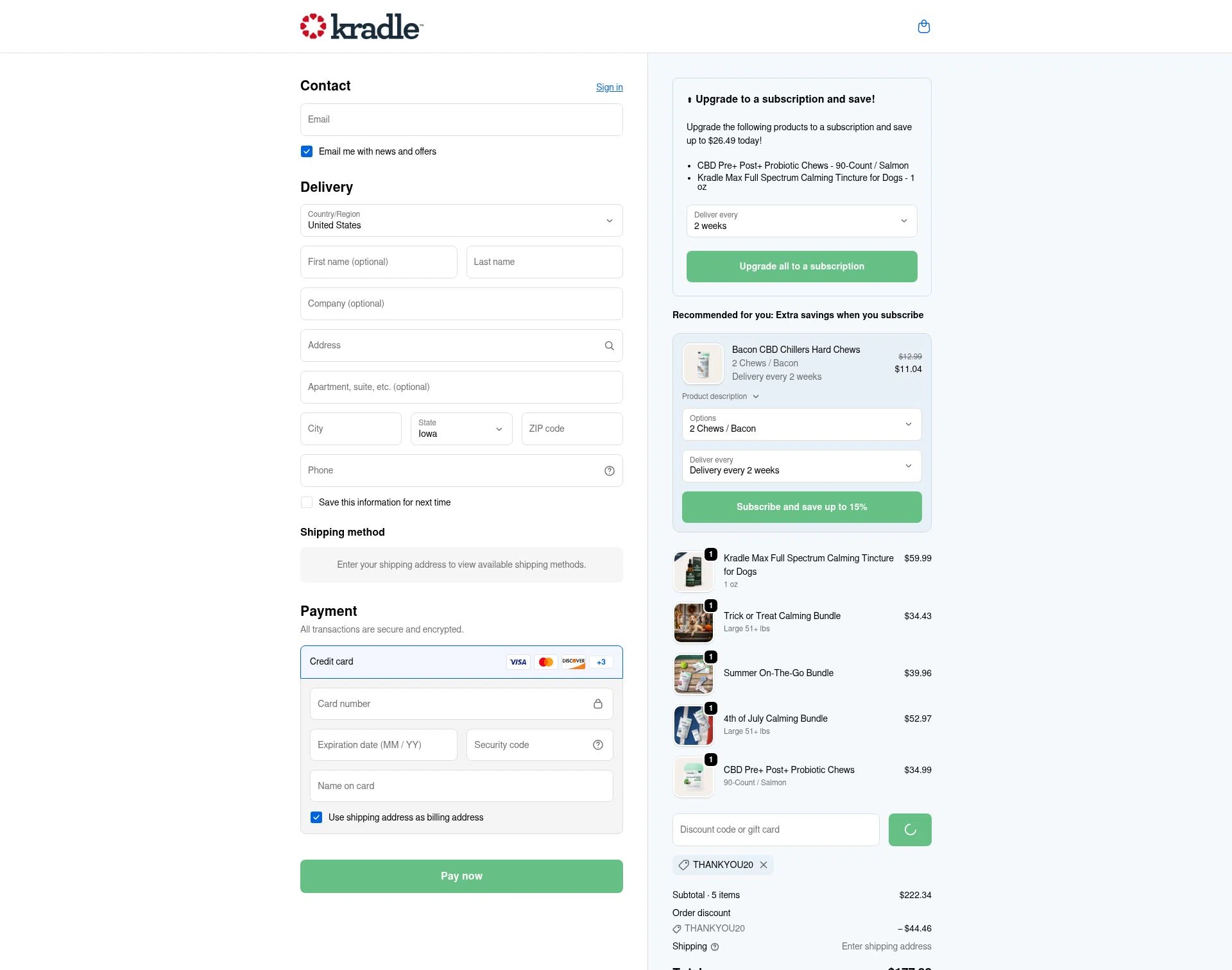 Kradle My Pet checkout page showing Kradle My Pet promo code box | Screenshot taken by SimplyCodes community member on Feb 9, 2026