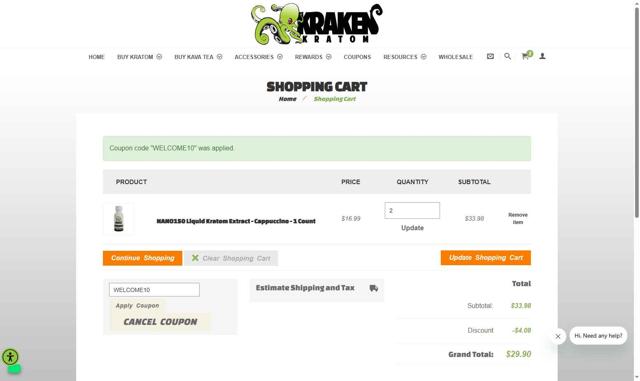 Kraken Kratom checkout page showing Kraken Kratom coupon code box | Screenshot taken by SimplyCodes community member on Aug 24, 2025