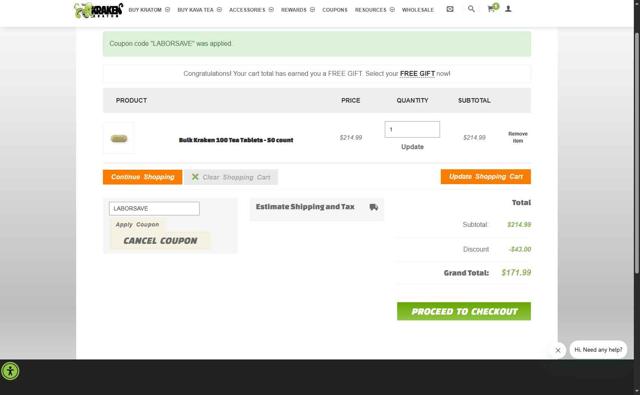 Kraken Kratom checkout page showing Kraken Kratom coupon code box | Screenshot taken by SimplyCodes community member on Aug 29, 2025