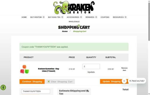 Kraken Kratom checkout page showing Kraken Kratom coupon code box | Screenshot taken by SimplyCodes community member on Aug 19, 2025