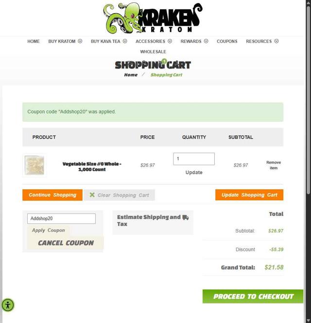 Kraken Kratom checkout page showing Kraken Kratom coupon code box | Screenshot taken by SimplyCodes community member on Aug 16, 2025