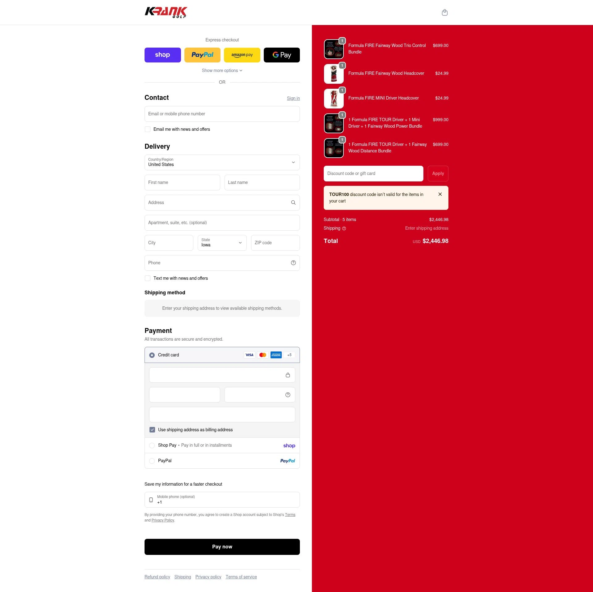 Krank Golf checkout page showing Krank Golf discount code box | Screenshot taken by SimplyCodes community member on Feb 19, 2026
