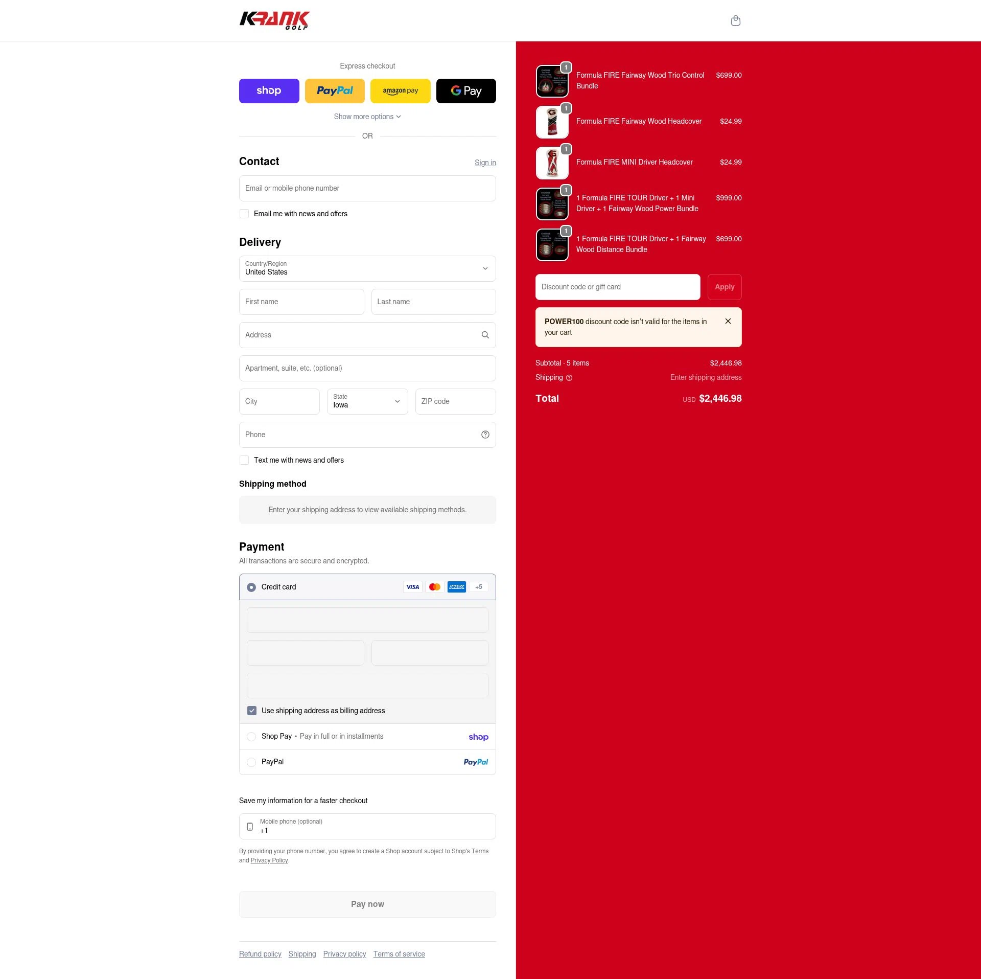 Krank Golf checkout page showing Krank Golf discount code box | Screenshot taken by SimplyCodes community member on Feb 19, 2026