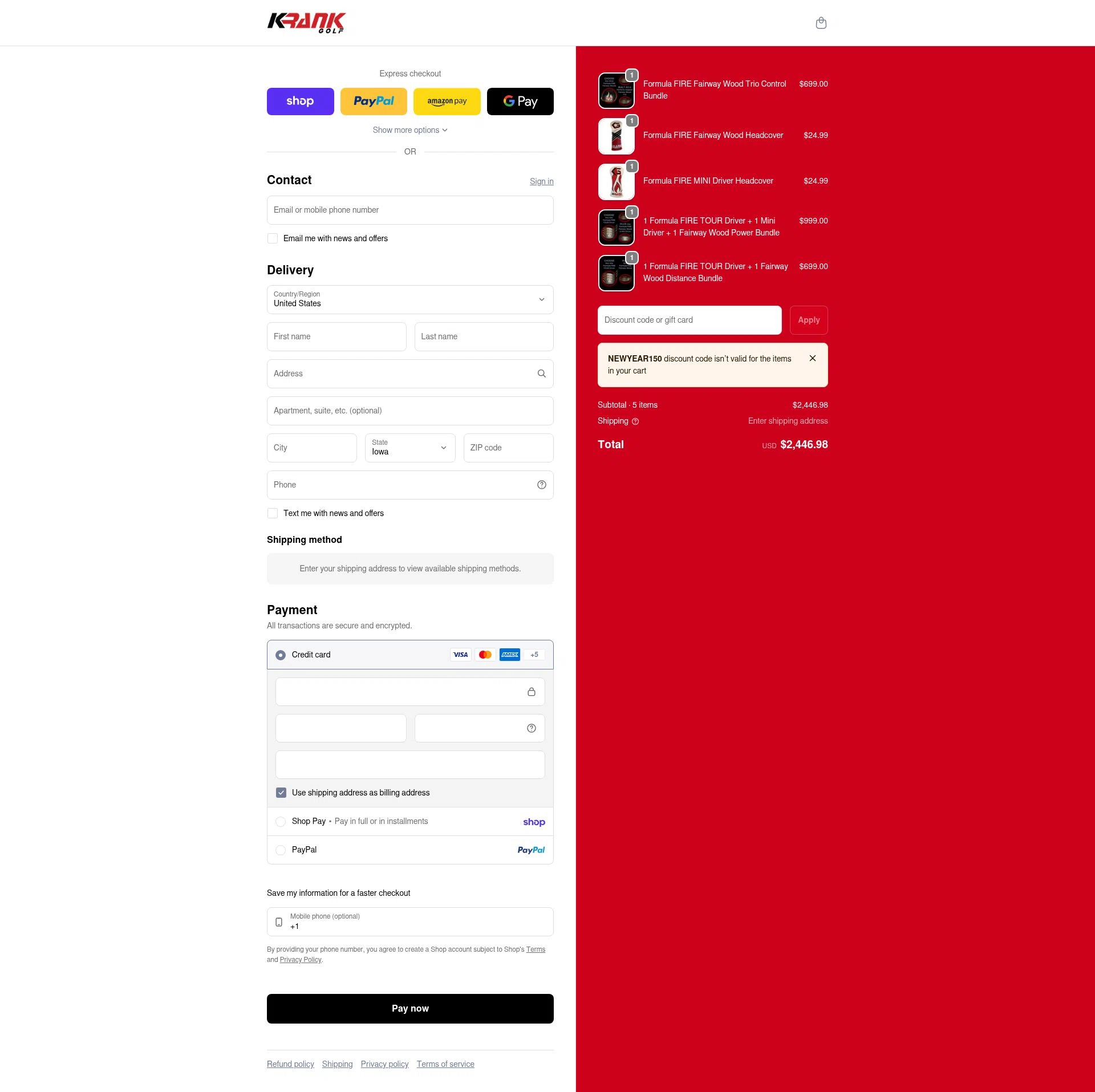 Krank Golf checkout page showing Krank Golf discount code box | Screenshot taken by SimplyCodes community member on Feb 19, 2026