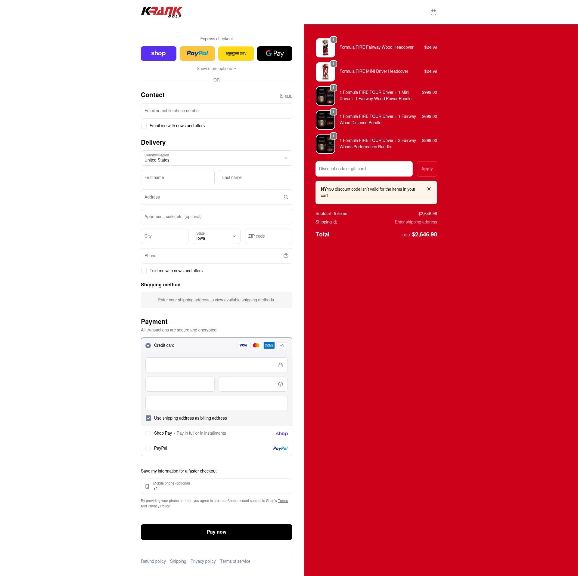 Krank Golf checkout page showing Krank Golf discount code box | Screenshot taken by SimplyCodes community member on Feb 14, 2026