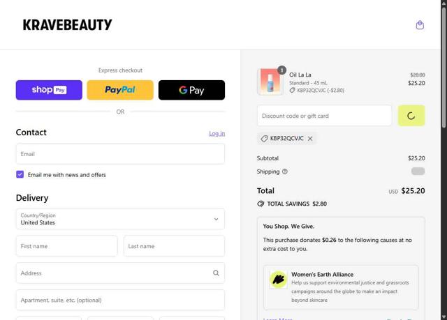 KraveBeauty checkout page showing KraveBeauty promo code box | Screenshot taken by SimplyCodes community member on Jul 27, 2025