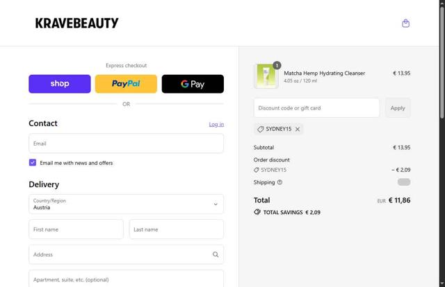 KraveBeauty checkout page showing KraveBeauty promo code box | Screenshot taken by SimplyCodes community member on Aug 13, 2025
