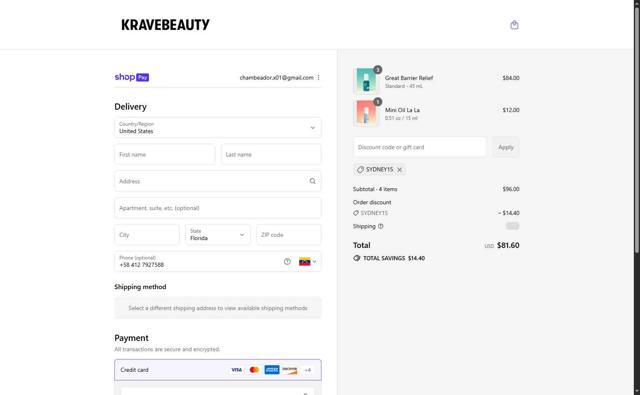 KraveBeauty checkout page showing KraveBeauty promo code box | Screenshot taken by SimplyCodes community member on Aug 1, 2025