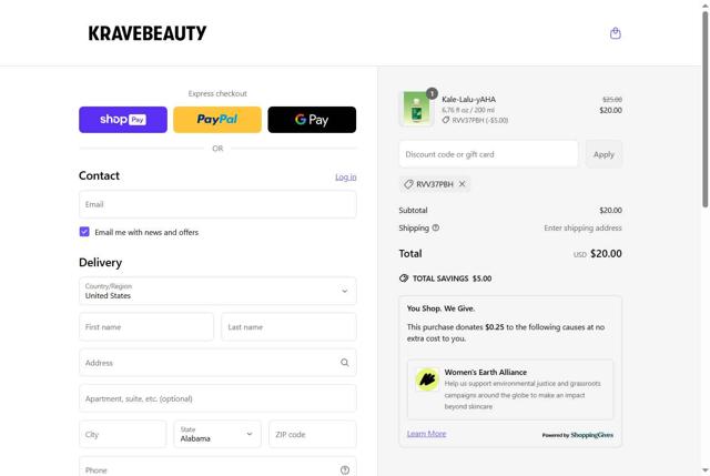 KraveBeauty checkout page showing KraveBeauty promo code box | Screenshot taken by SimplyCodes community member on Jun 29, 2025
