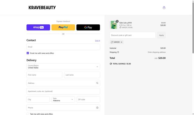 KraveBeauty checkout page showing KraveBeauty promo code box | Screenshot taken by SimplyCodes community member on May 24, 2025