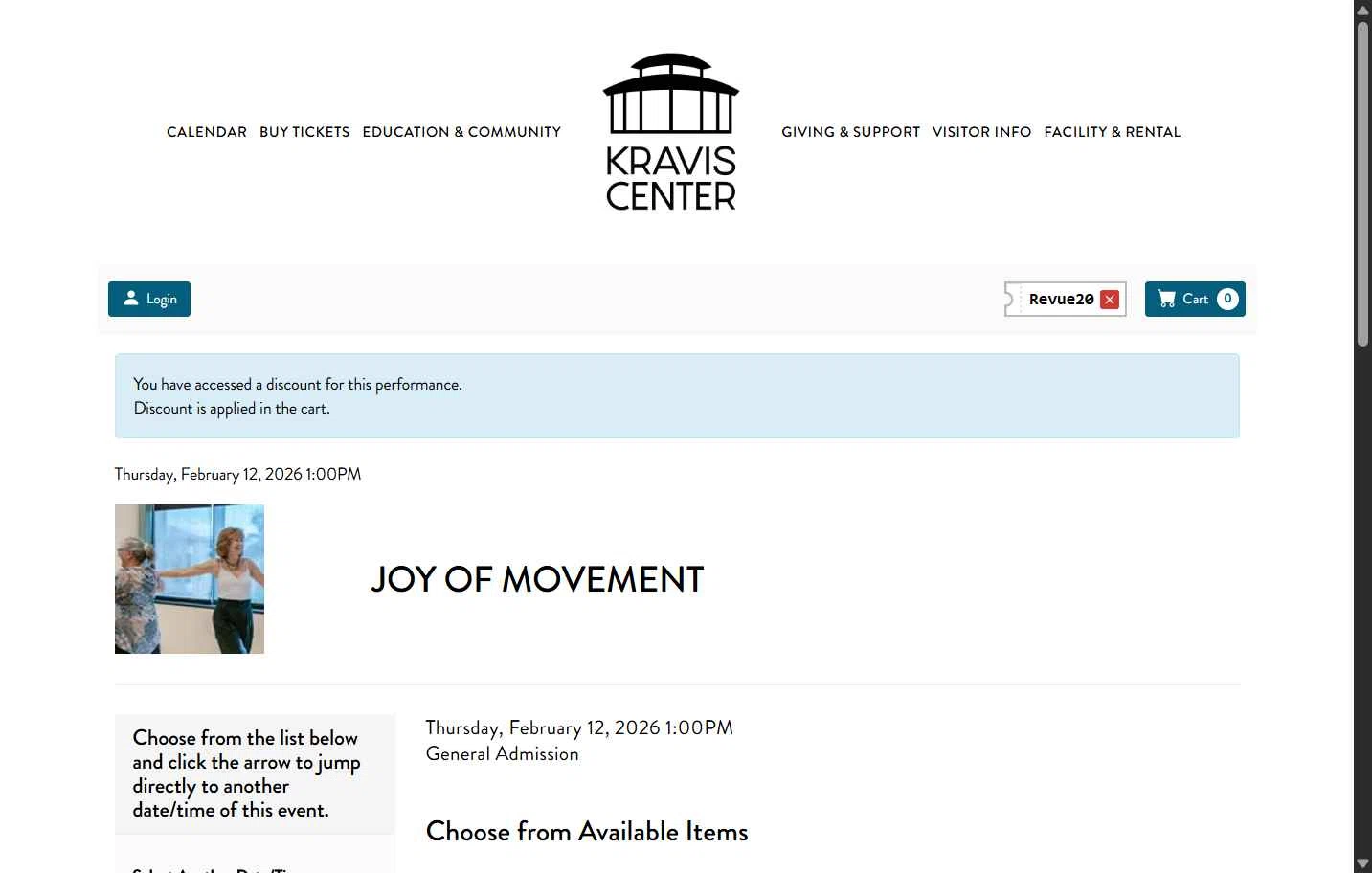 Kravis Center checkout page showing Kravis Center promo code box | Screenshot taken by SimplyCodes community member on Jan 29, 2026