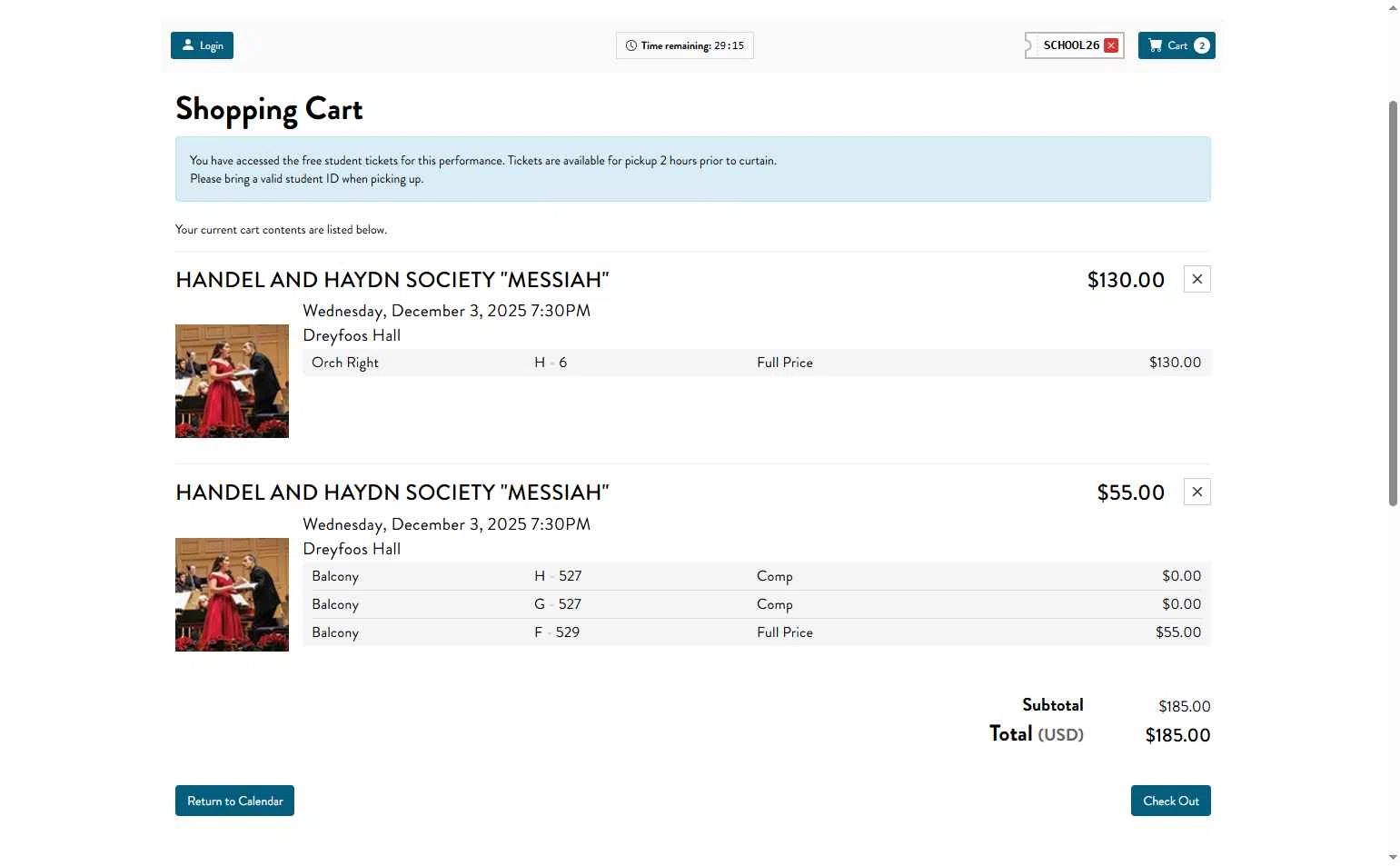 Kravis Center checkout page showing Kravis Center promo code box | Screenshot taken by SimplyCodes community member on Nov 16, 2025