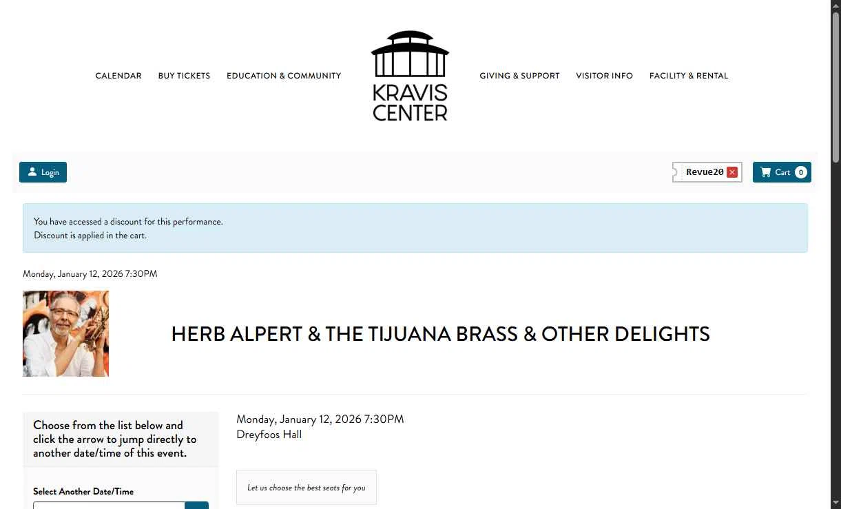 Kravis Center checkout page showing Kravis Center promo code box | Screenshot taken by SimplyCodes community member on Jan 11, 2026