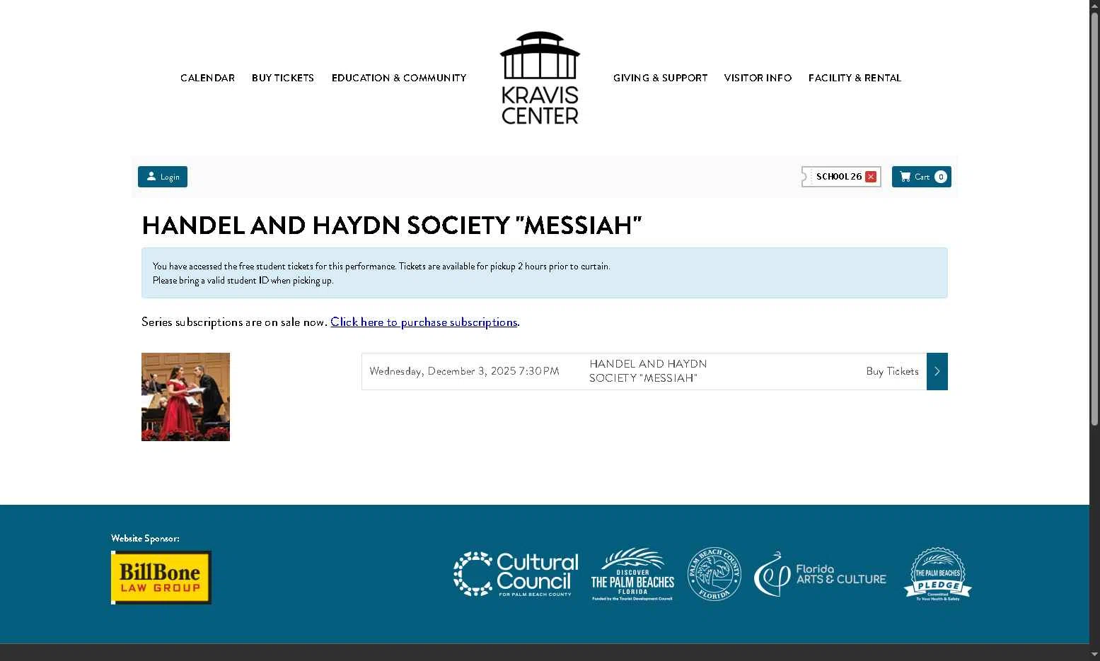 Kravis Center checkout page showing Kravis Center promo code box | Screenshot taken by SimplyCodes community member on Nov 16, 2025