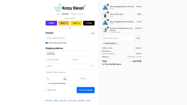Krazy Klean checkout page showing Krazy Klean discount code box | Screenshot taken by SimplyCodes community member on Sep 7, 2025