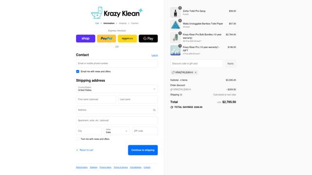 Krazy Klean checkout page showing Krazy Klean discount code box | Screenshot taken by SimplyCodes community member on Sep 3, 2025