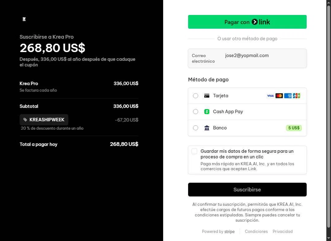 KREA checkout page showing KREA promo code box | Screenshot taken by SimplyCodes community member on Apr 5, 2025