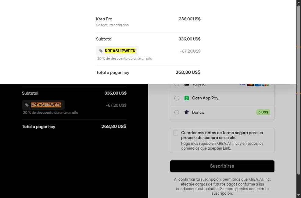 KREA checkout page showing KREA promo code box | Screenshot taken by SimplyCodes community member on Apr 5, 2025