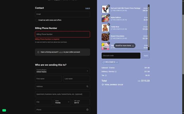 Kremp Florist checkout page showing Kremp Florist promo code box | Screenshot taken by SimplyCodes community member on Sep 8, 2025