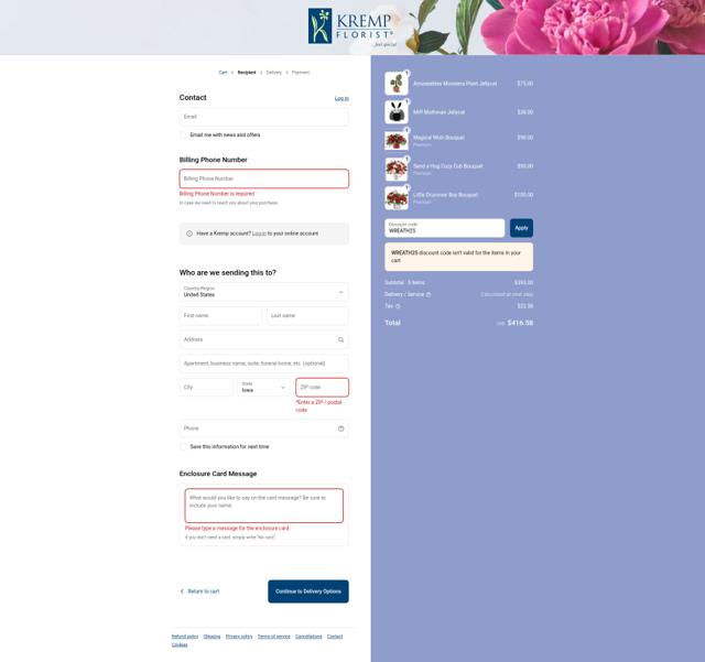 Kremp Florist checkout page showing Kremp Florist promo code box | Screenshot taken by SimplyCodes community member on Aug 22, 2025