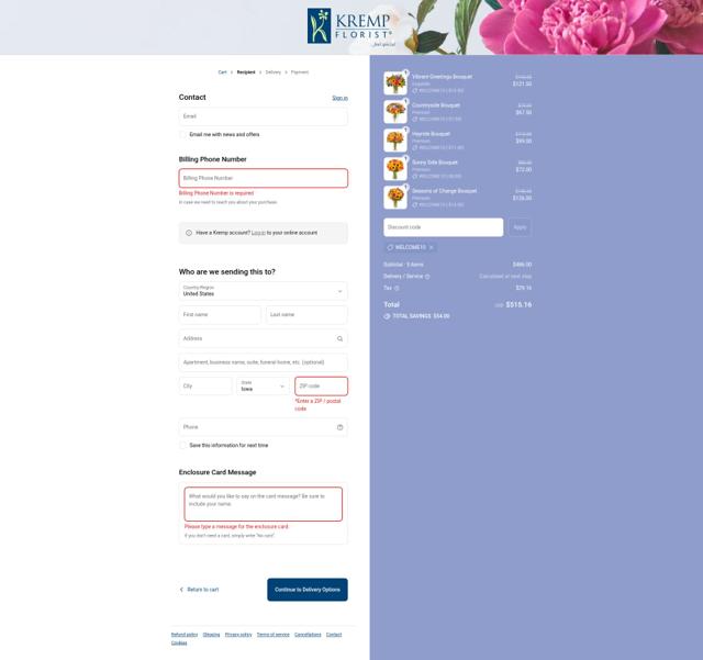 Kremp Florist checkout page showing Kremp Florist promo code box | Screenshot taken by SimplyCodes community member on Sep 16, 2025