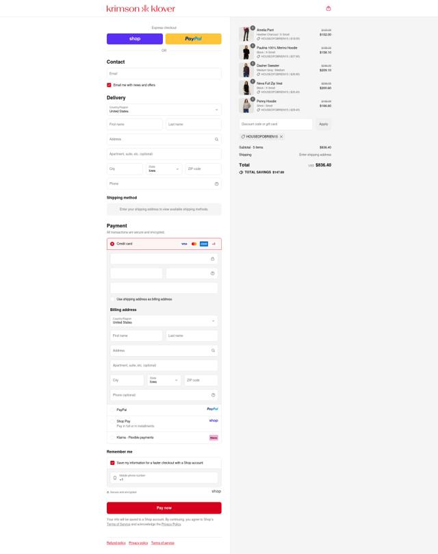 Krimson Klover checkout page showing Krimson Klover discount code box | Screenshot taken by SimplyCodes community member on Sep 10, 2025