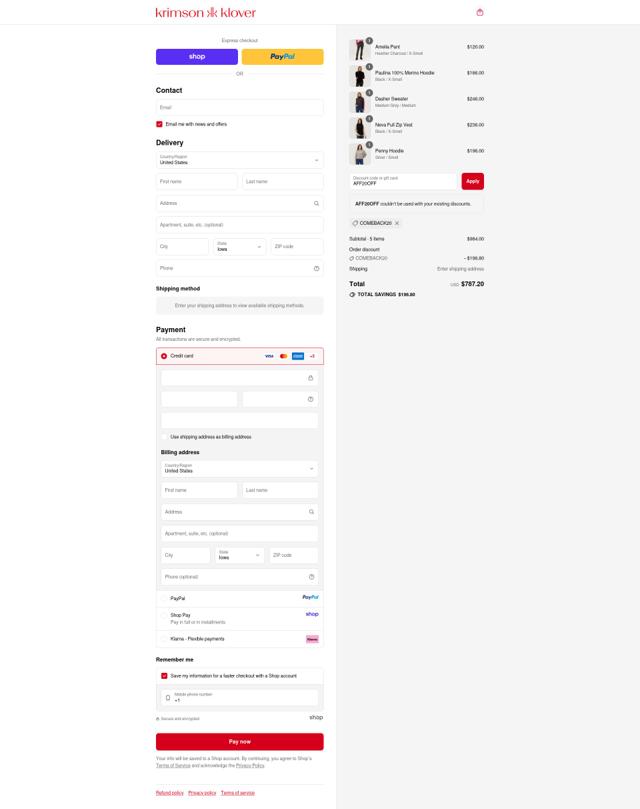 Krimson Klover checkout page showing Krimson Klover discount code box | Screenshot taken by SimplyCodes community member on Sep 10, 2025