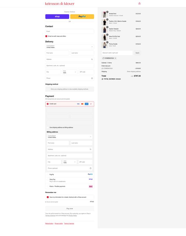 Krimson Klover checkout page showing Krimson Klover discount code box | Screenshot taken by SimplyCodes community member on Sep 10, 2025