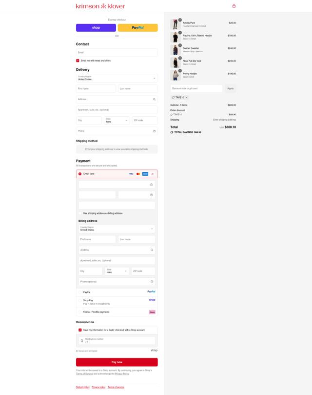 Krimson Klover checkout page showing Krimson Klover discount code box | Screenshot taken by SimplyCodes community member on Sep 14, 2025
