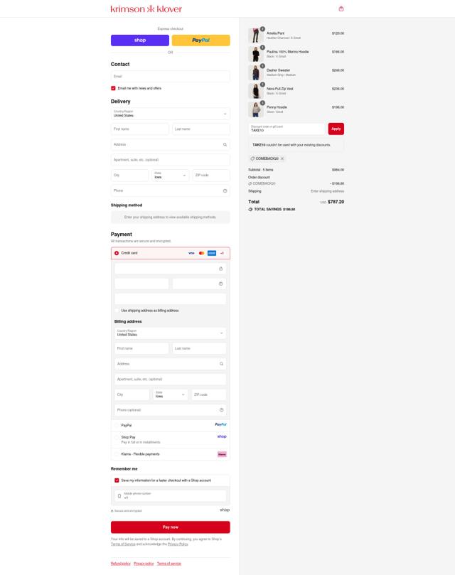 Krimson Klover checkout page showing Krimson Klover discount code box | Screenshot taken by SimplyCodes community member on Sep 10, 2025