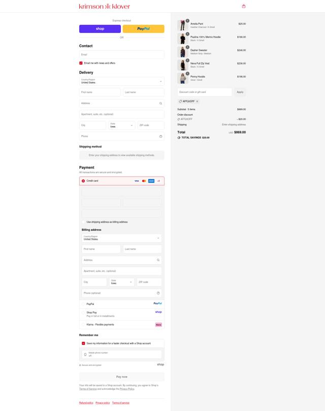 Krimson Klover checkout page showing Krimson Klover discount code box | Screenshot taken by SimplyCodes community member on Sep 14, 2025