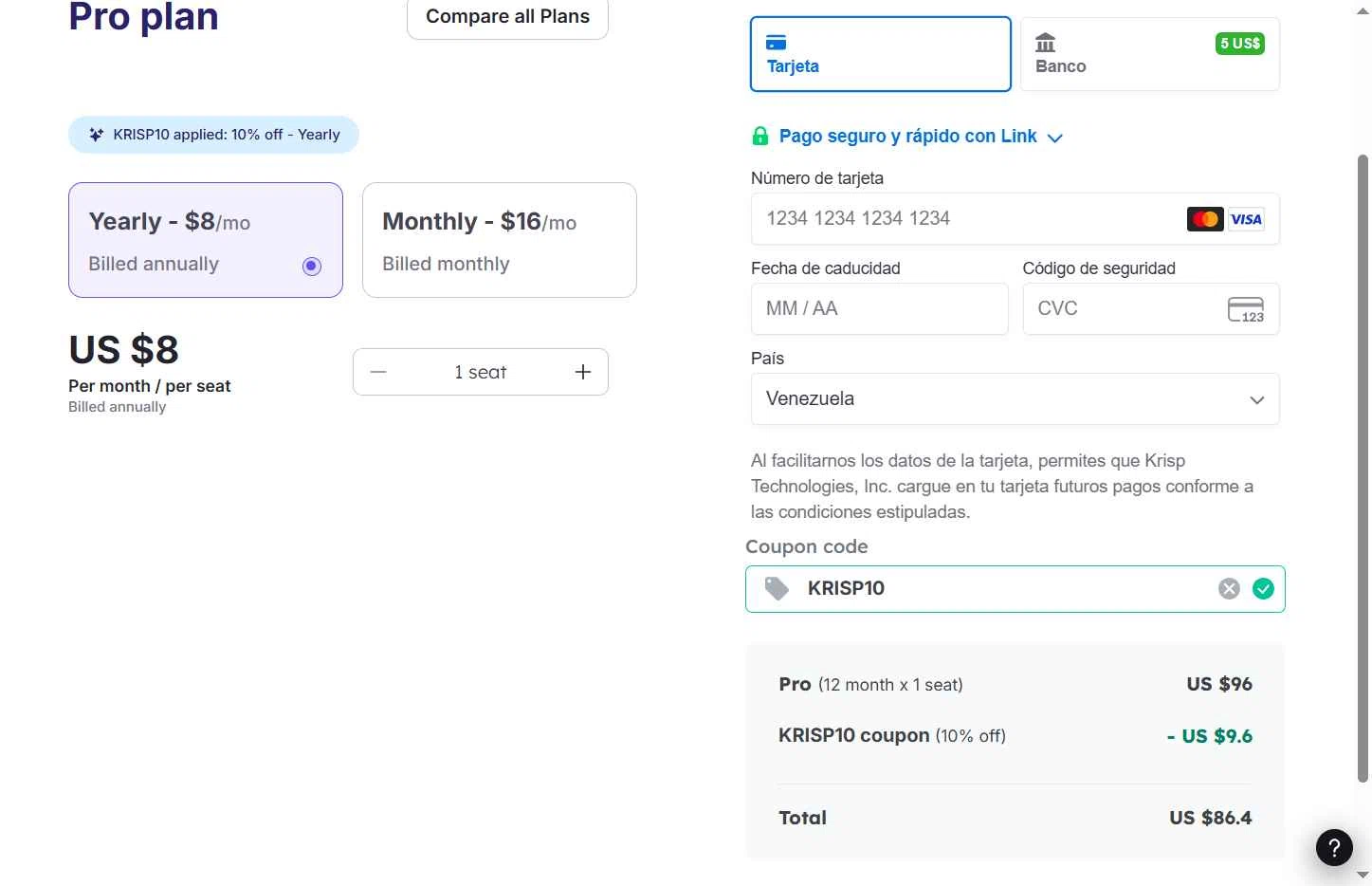 Krisp checkout page showing Krisp coupon code box | Screenshot taken by SimplyCodes community member on Aug 19, 2025
