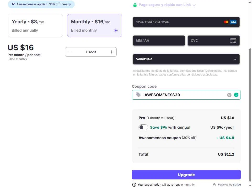 Krisp checkout page showing Krisp coupon code box | Screenshot taken by SimplyCodes community member on Jan 6, 2026