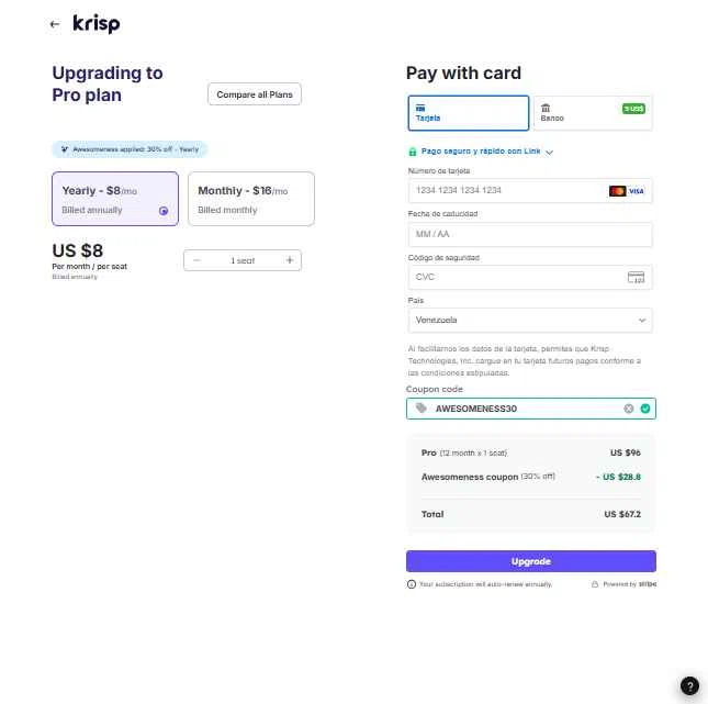 Krisp checkout page showing Krisp coupon code box | Screenshot taken by SimplyCodes community member on Sep 4, 2025