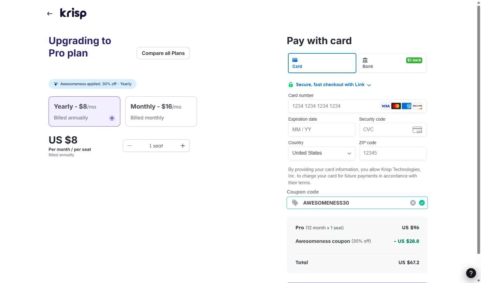 Krisp checkout page showing Krisp coupon code box | Screenshot taken by SimplyCodes community member on Sep 29, 2025