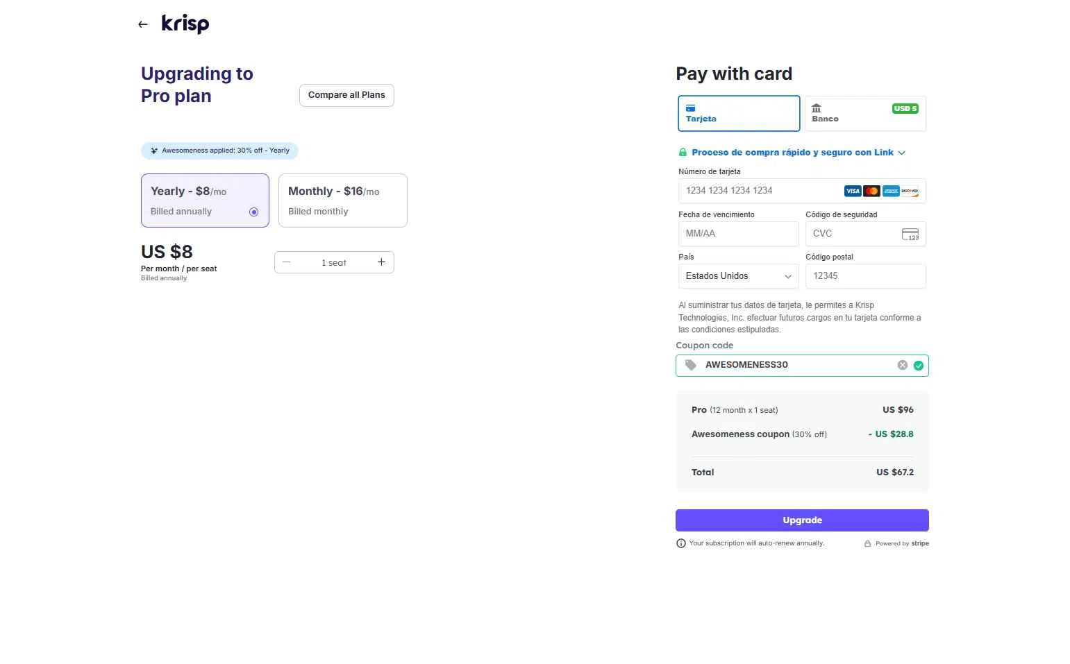 Krisp checkout page showing Krisp coupon code box | Screenshot taken by SimplyCodes community member on Oct 28, 2025