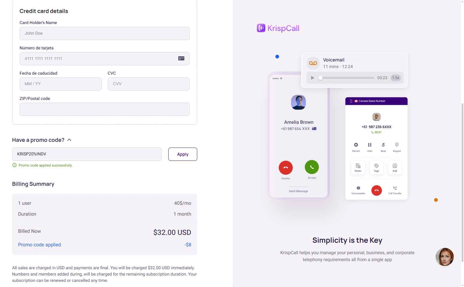 KrispCall checkout page showing KrispCall promo code box | Screenshot taken by SimplyCodes community member on Jan 24, 2026