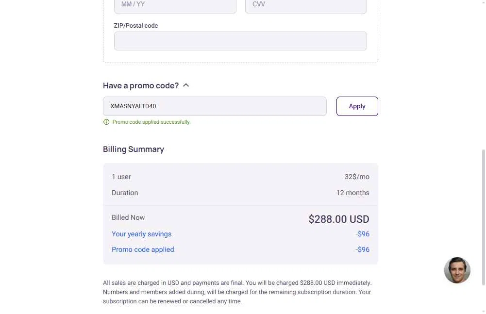 KrispCall checkout page showing KrispCall promo code box | Screenshot taken by SimplyCodes community member on Dec 16, 2025