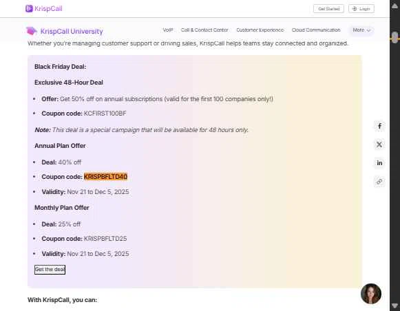 KrispCall checkout page showing KrispCall promo code box | Screenshot taken by SimplyCodes community member on Dec 10, 2025