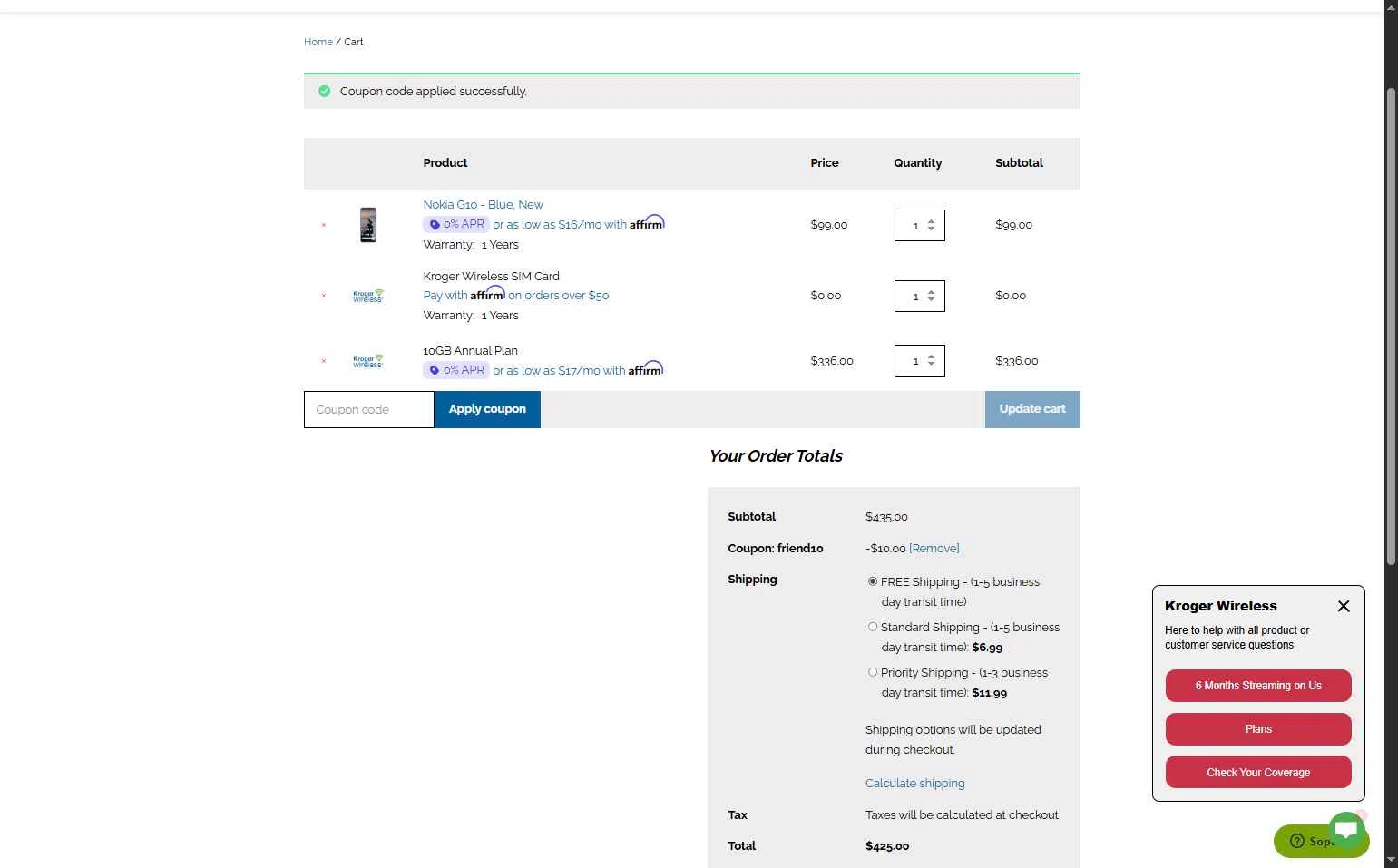 Kroger Wireless checkout page showing Kroger Wireless coupon code box | Screenshot taken by SimplyCodes community member on Nov 18, 2025