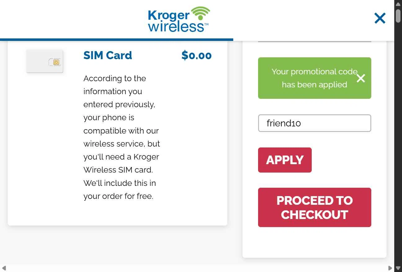 Kroger Wireless checkout page showing Kroger Wireless coupon code box | Screenshot taken by SimplyCodes community member on Oct 6, 2025