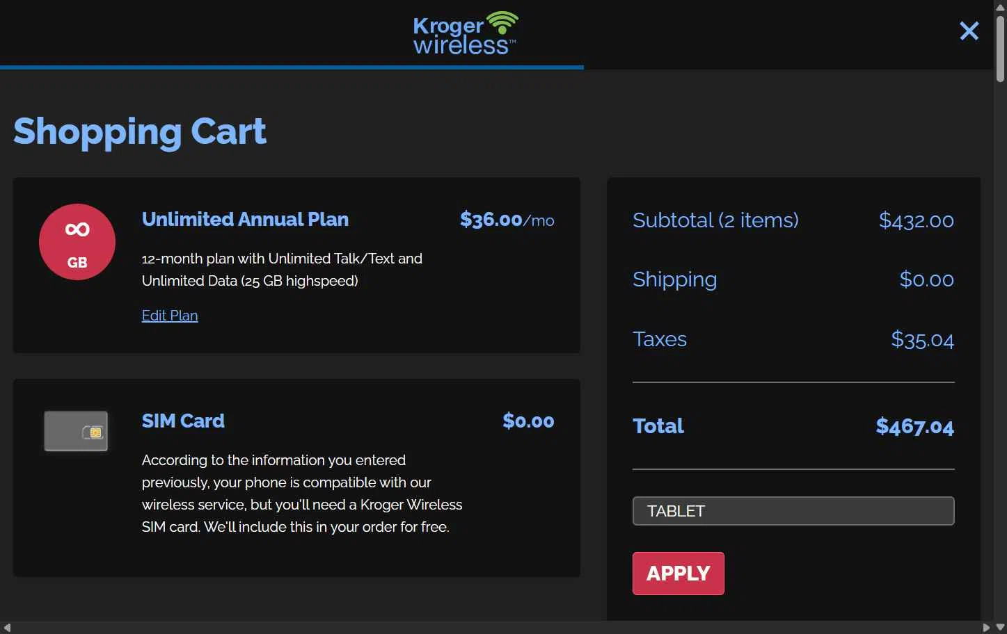 Kroger Wireless checkout page showing Kroger Wireless coupon code box | Screenshot taken by SimplyCodes community member on Nov 13, 2025