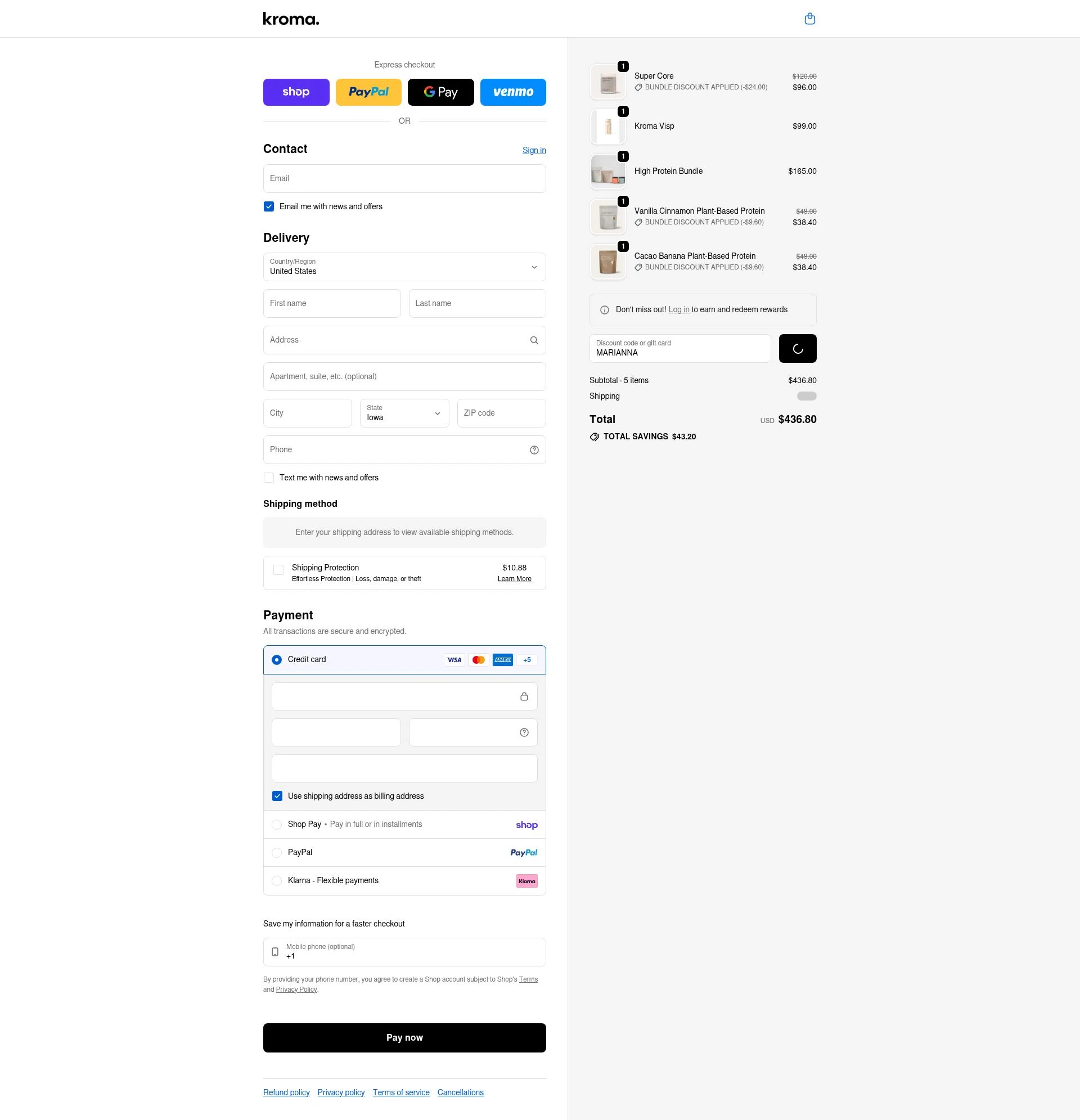 Kroma Wellness checkout page showing Kroma Wellness discount code box | Screenshot taken by SimplyCodes community member on Feb 11, 2026