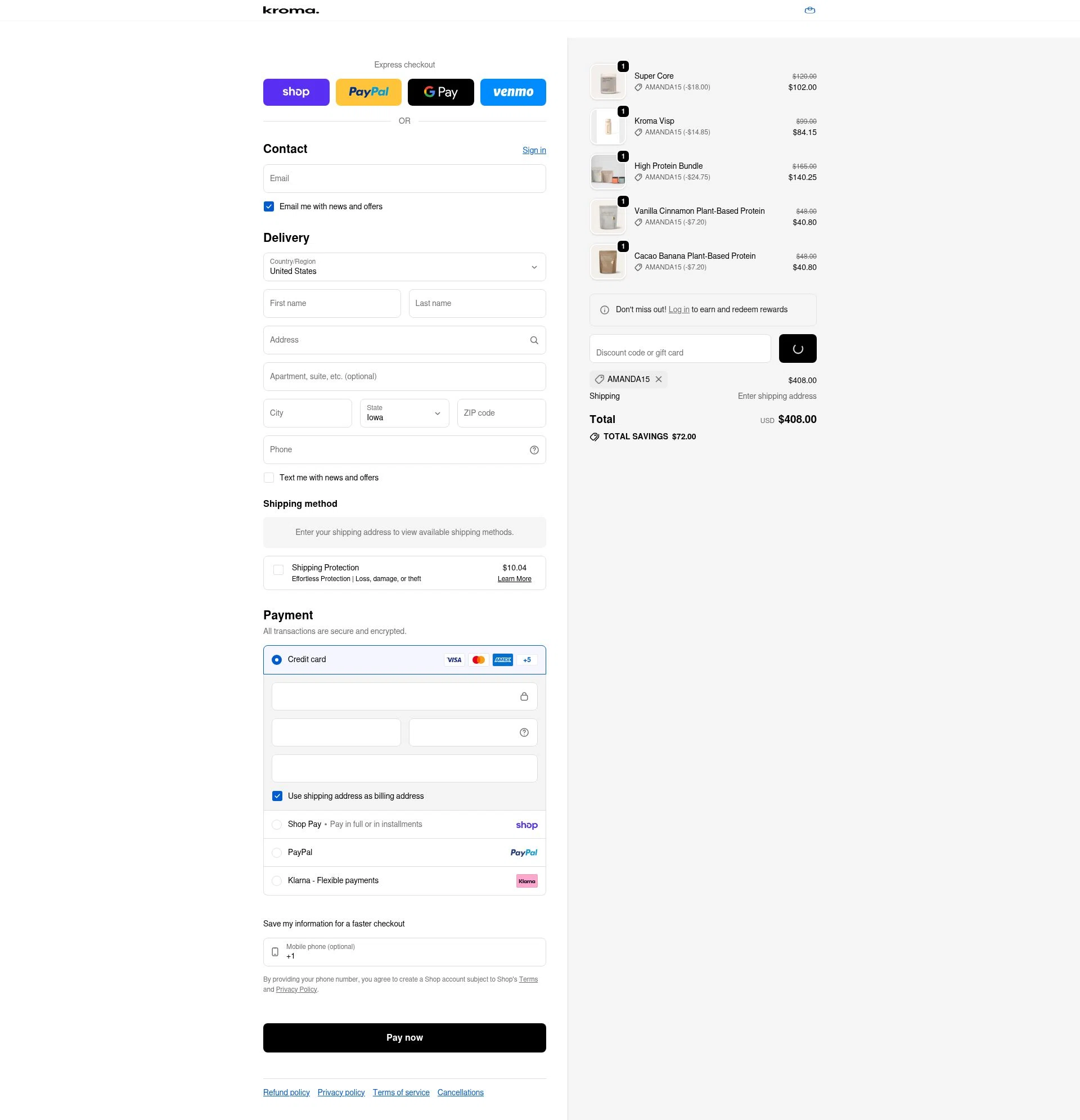 Kroma Wellness checkout page showing Kroma Wellness discount code box | Screenshot taken by SimplyCodes community member on Feb 11, 2026