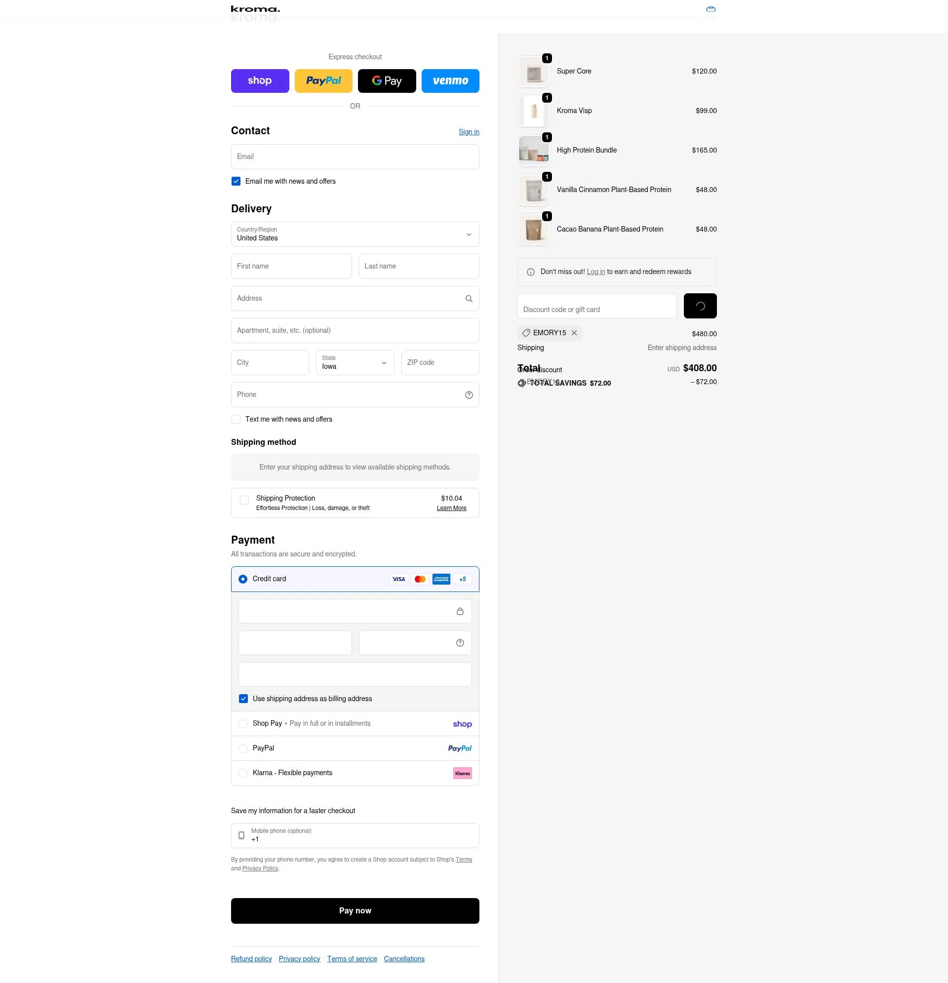 Kroma Wellness checkout page showing Kroma Wellness discount code box | Screenshot taken by SimplyCodes community member on Feb 11, 2026