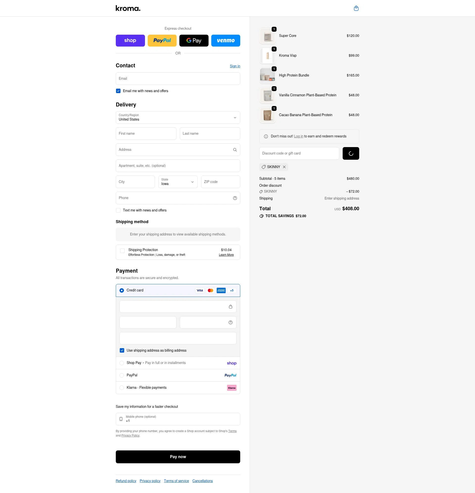 Kroma Wellness checkout page showing Kroma Wellness discount code box | Screenshot taken by SimplyCodes community member on Feb 11, 2026